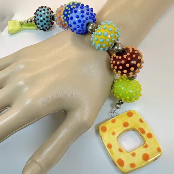 Glass Bead Bracelet, Lamp Work, Dotted, Rainbow, Art Glass, Blue, Orange, Yellow - Picture 5 of 7